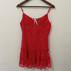Sky to Moon Red Polka Dot Mini Dress Lace Trim Ruffle Lined Strappy Small Fit